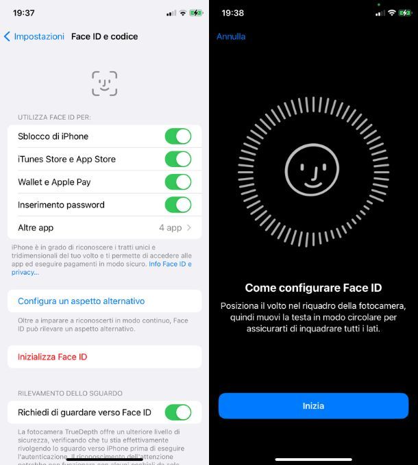 Configurare sblocco Face ID