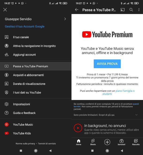 Abbonarsi a YouTube Premium da mobile