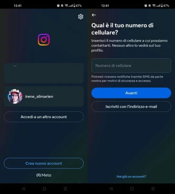 Come inserire il numero di telefono su Instagram tramite registrazione