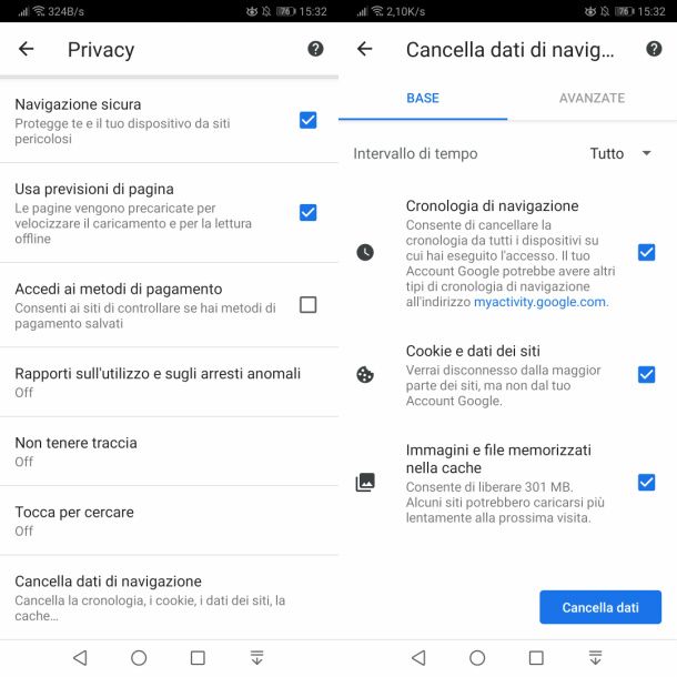 Chrome Android cancellare cronologia