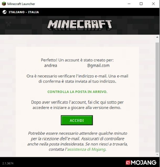 Conferma link Minecraft