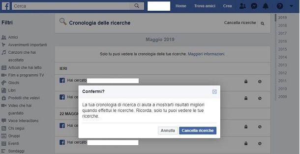 Facebook cancellare cronologia