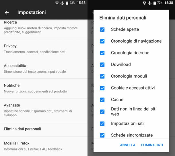 Firefox Android cancellare cronologia
