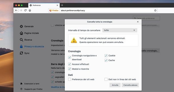 Firefox Mac cancellare cronologia