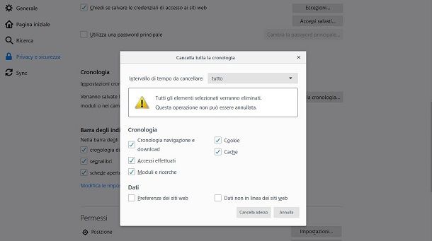 Firefox Windows cancellare cronologia