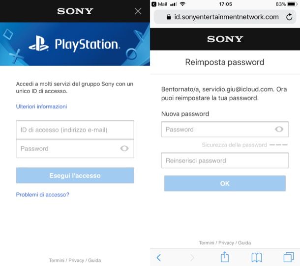 Recupero password app PlayStation