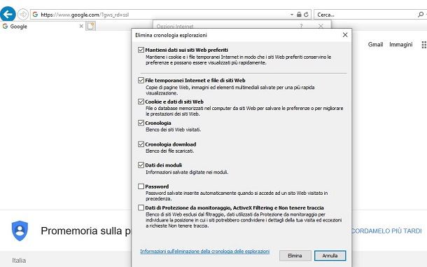 Internet Explorer Windows cancellare cronologia