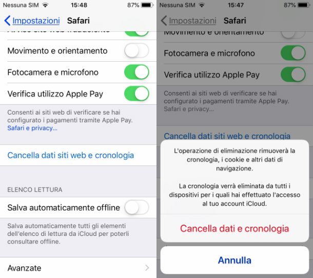 cancellare cronologia da safari