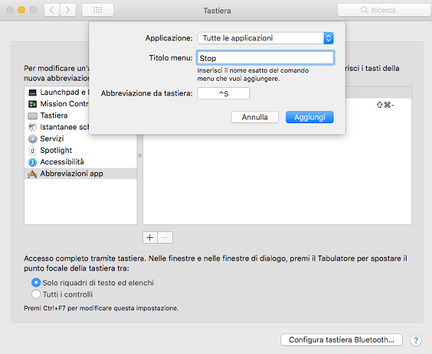 Scorciatoia Stop personalizzata macOS