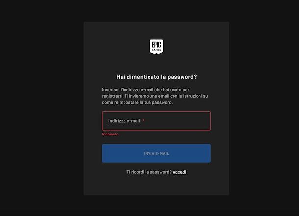 Recupero password Fornite PC