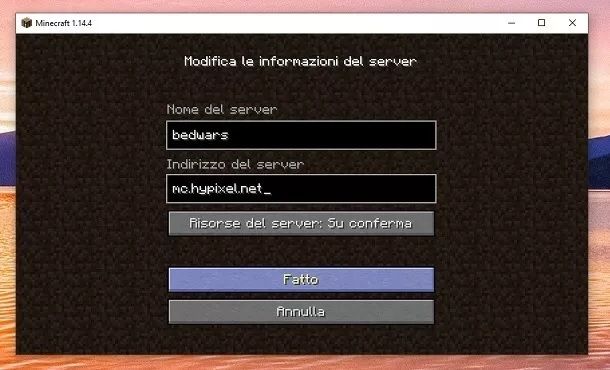 Aggiunta server Minecraft