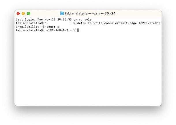 Disattivare navigazione privata Edge con Terminale