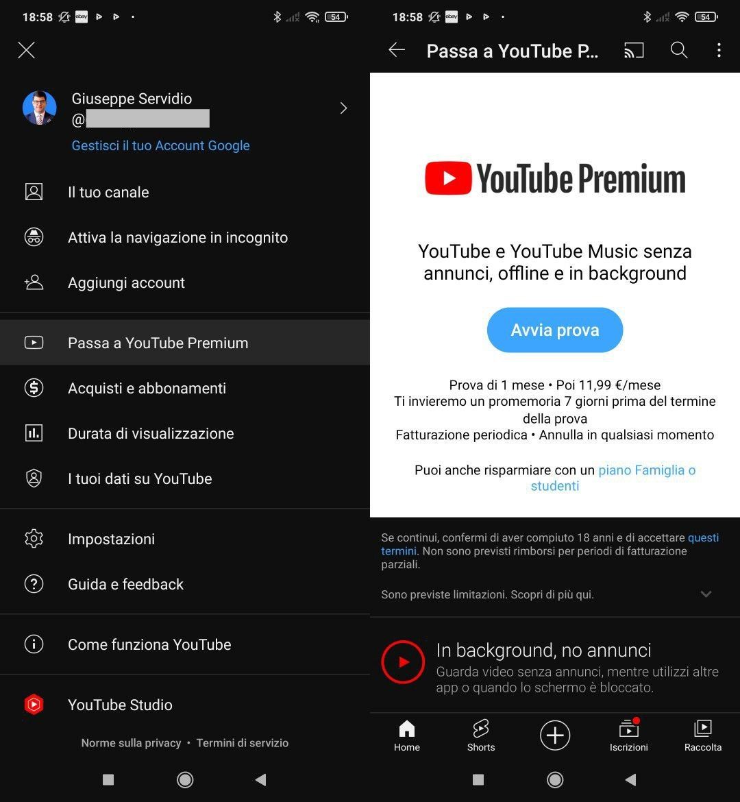 Attivare la prova gratuita di YouTube Premium su Android
