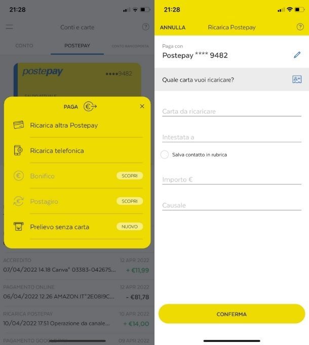 Ricarica Postepay altrui tramite app BancoPosta
