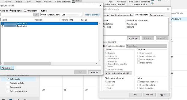 Calendario Microsoft Outlook Windows con autorizzazioni