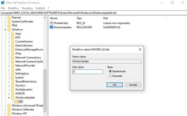 Come disattivare aggiornamenti automatici Windows 10 da Regedit