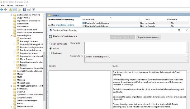 disattivare navigazione privata Internet explorer