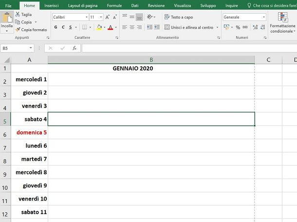 Excel calendario formattato