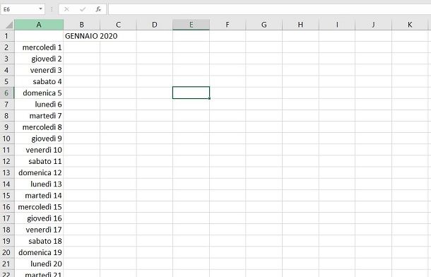 Excel calendario giorni del mese