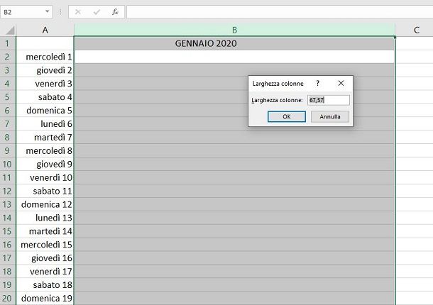 Excel calendario ridimensionamento colonne