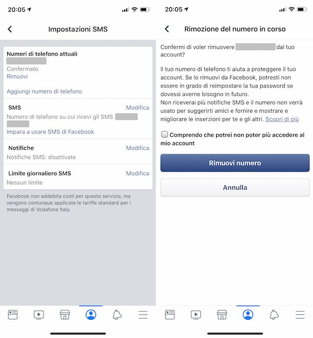 Screenshot che mostra come eliminare il numero su Facebook da iOS