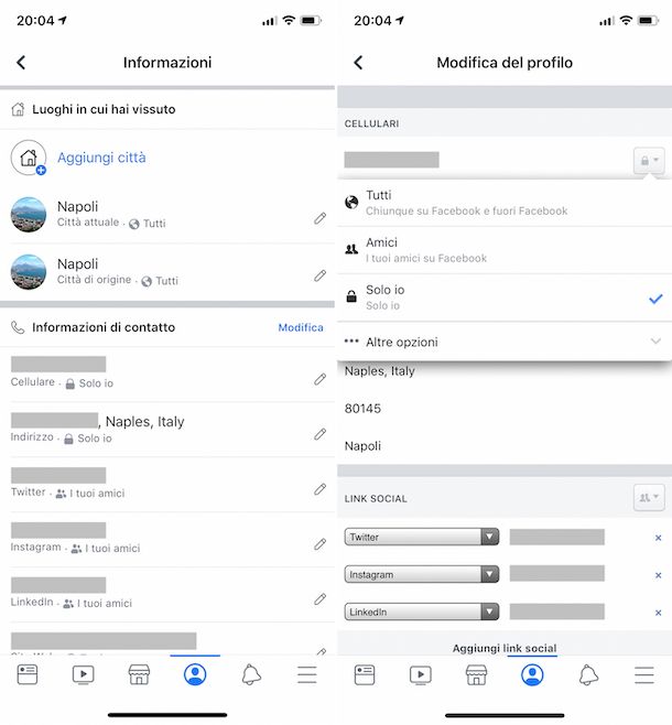 Screenshot che mostra come nascondere il numero su Facebook da iOS