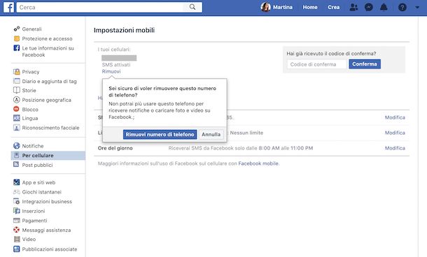 Screenshot che mostra come eliminare il numero su Facebook da Web