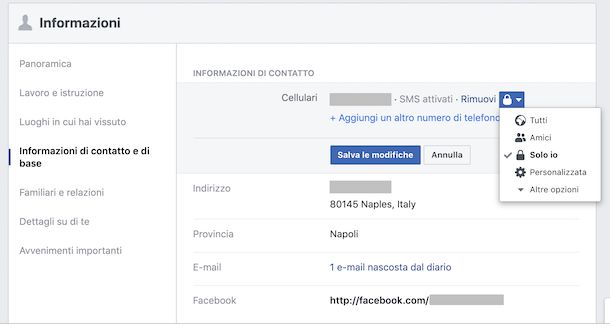 Screenshot che mostra come nascondere il numero su Facebook da Web