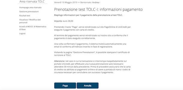 Pagamento TOLC