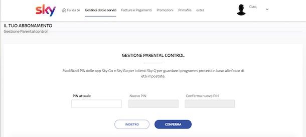 Codice PIN parental control Sky