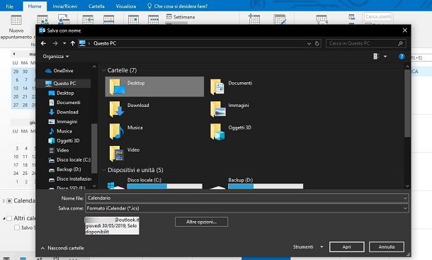 Salvataggio calendario Outlook