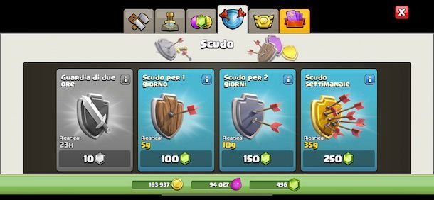 Attivare scudo su Cash of clans