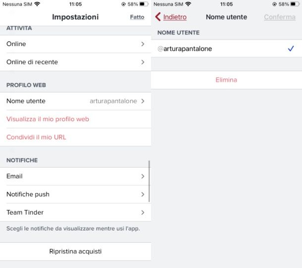 Cambiare nome utente su Tinder app