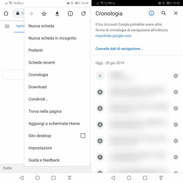 Cronologia Google Chrome su Android