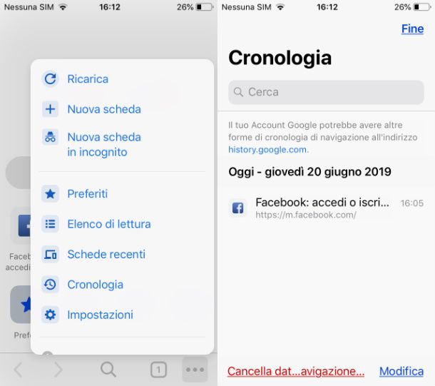 Cronologia Google Chrome su iOS