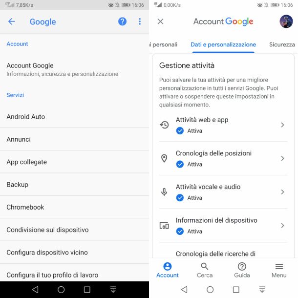 Cronologia posizione sull'account Google
