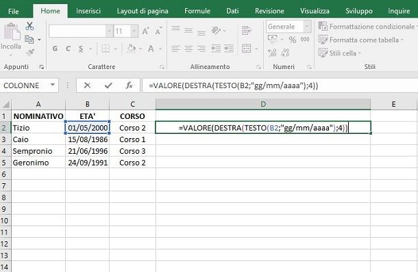 Formula per estrarre anno da data in Excel