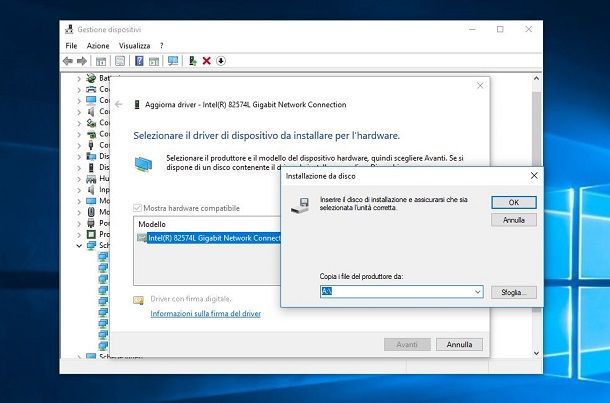 Gestione dispositivi WIndows 10 installazione manuale file INF