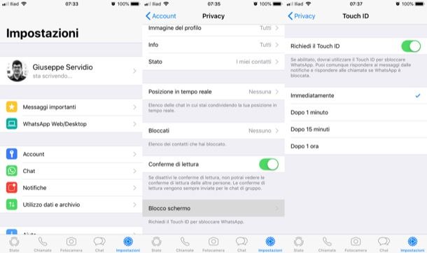 Touch ID attivo su WhatsApp