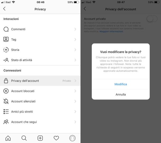 Account privato app Instagram