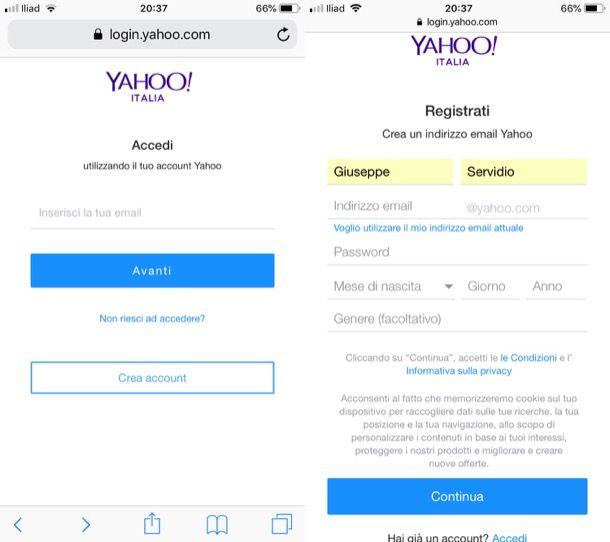 Registrazione su Yahoo da smartphone