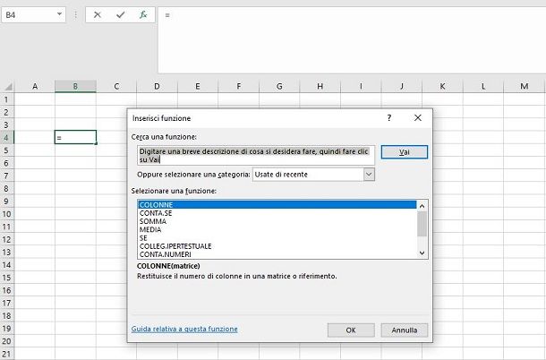 Inserire funzioni Excel