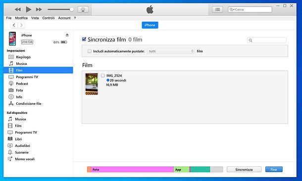 Sincronizzazione film iTunes