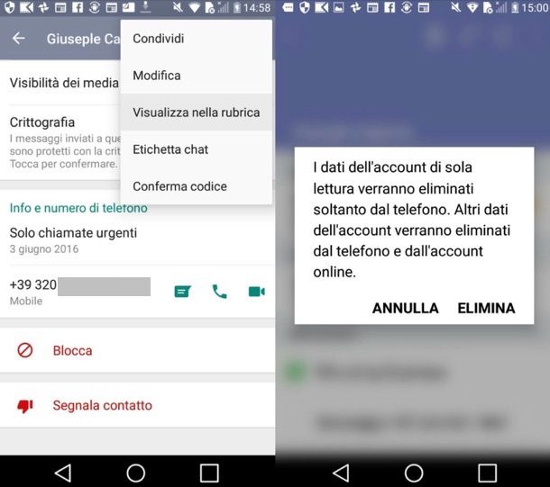 Eliminare contatto WhatsApp