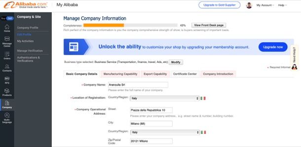 Compiere informazioni azienda Alibaba