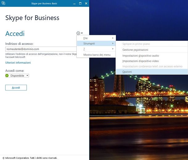 Skype For Business Windows Opzioni