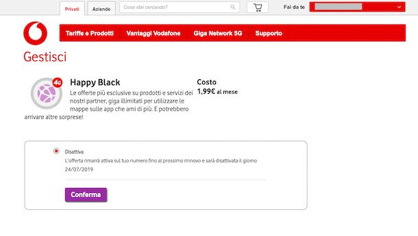 Screenshot che mostra come disattivare Happy Black dal sito Vodafone
