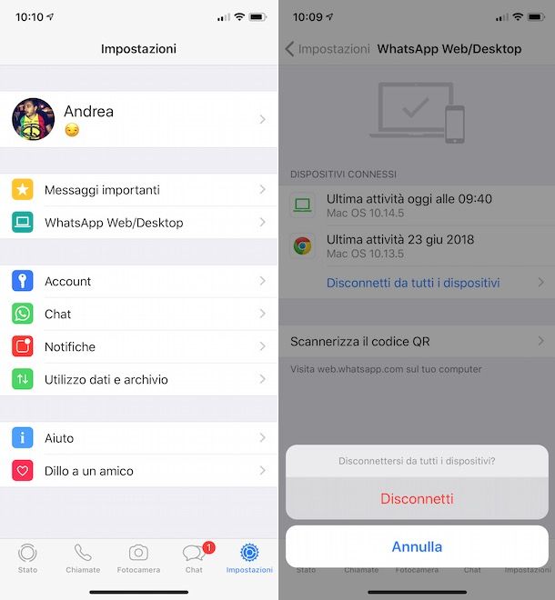 Disconnessione WhatsApp su iPhone