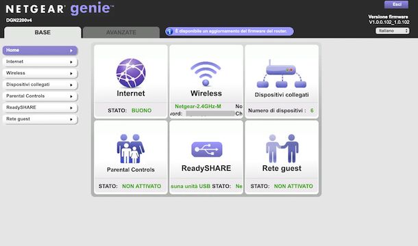 Screenshot che mostra il pannello di controllo del modem Netgear