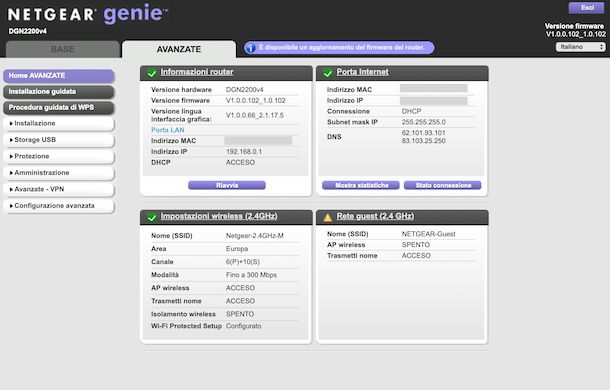 Screenshot del pannello di controllo del modem Netgear